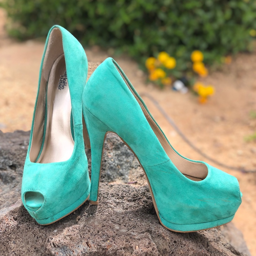 Charlotte Russe Suede Teal Open Toe Pumps